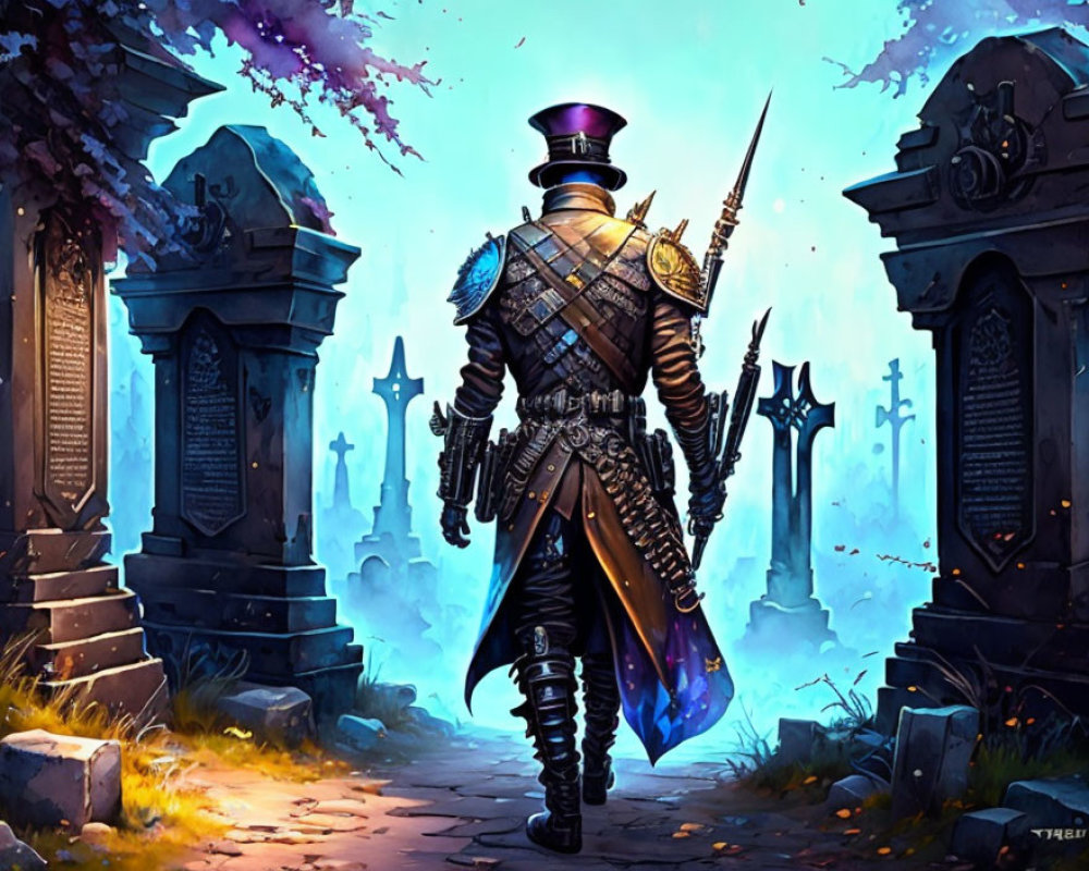 Ornate armored knight in mystical cemetery with violet flowers