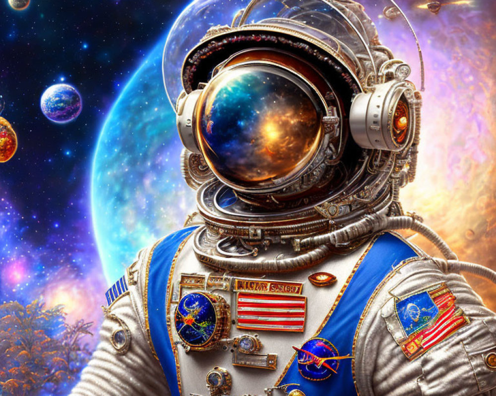 Detailed Astronaut Spacesuit with Badges Against Cosmic Background