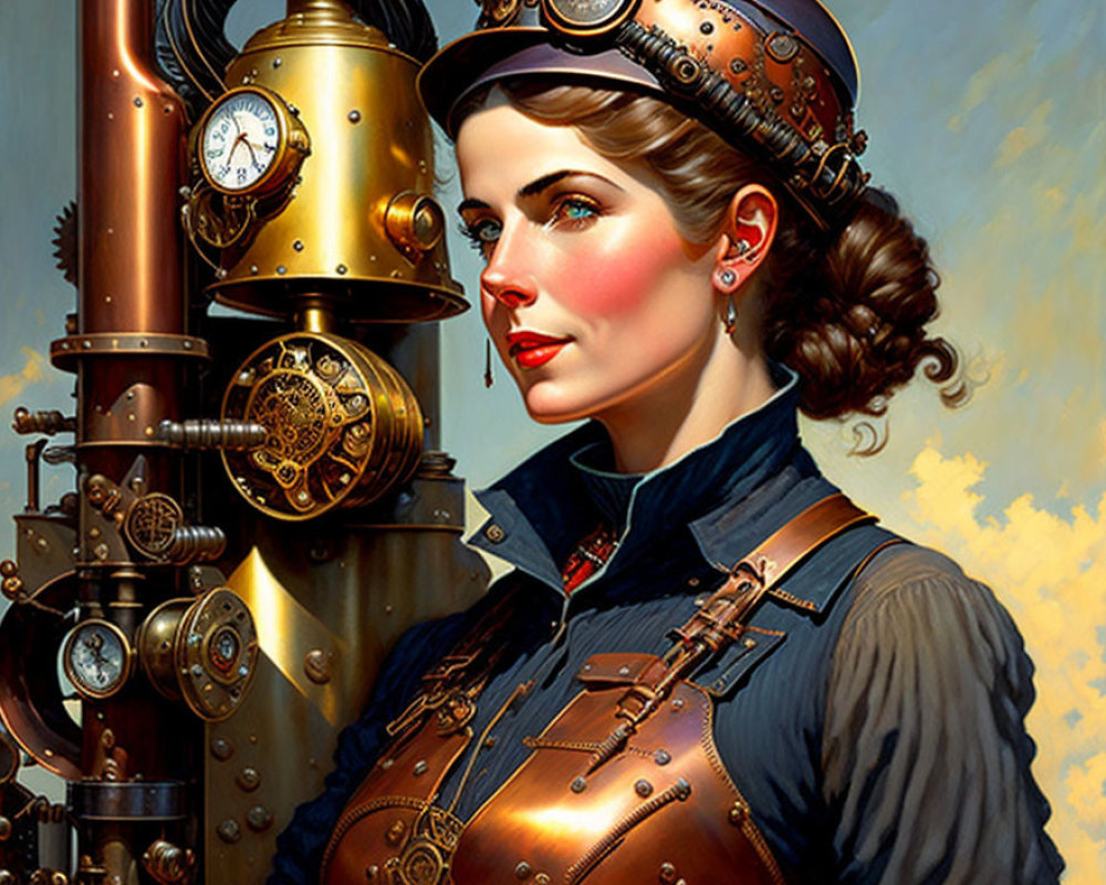 Steampunk-themed woman with intricate mechanical headpiece in cloudy blue sky.