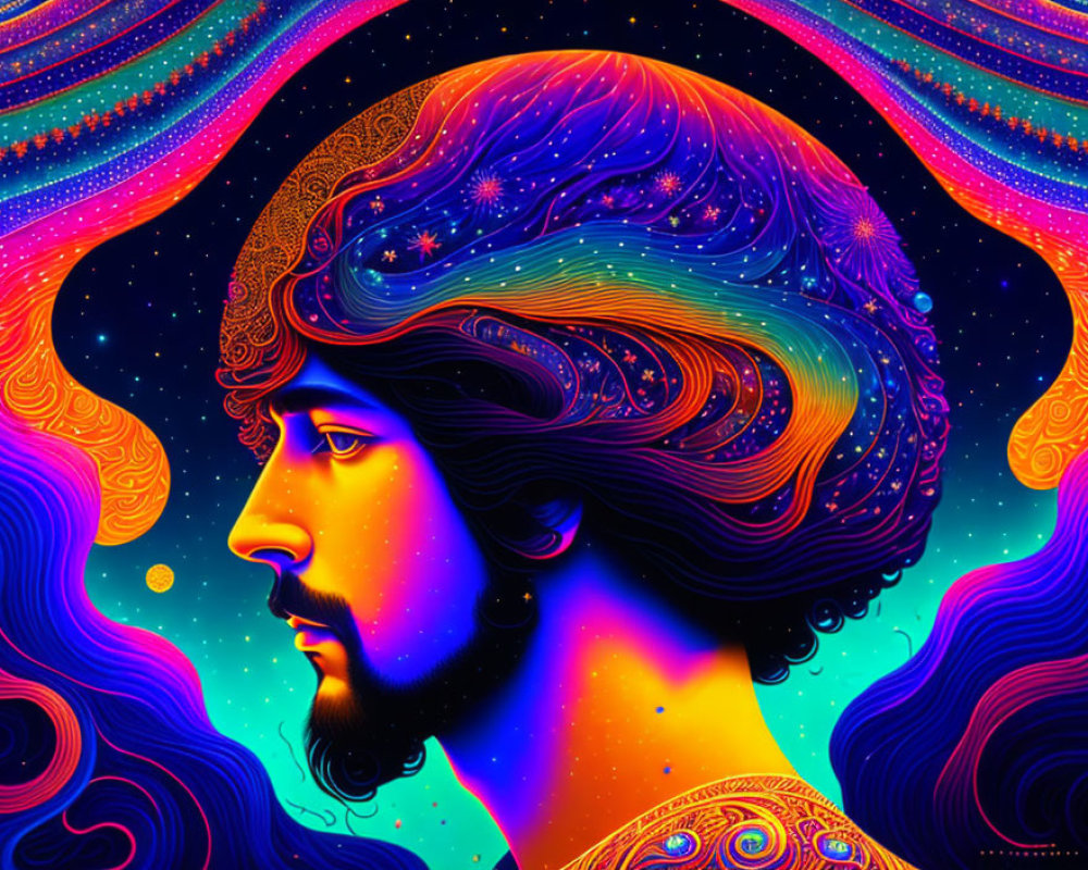 Colorful psychedelic portrait with cosmic patterns and stars in hair.
