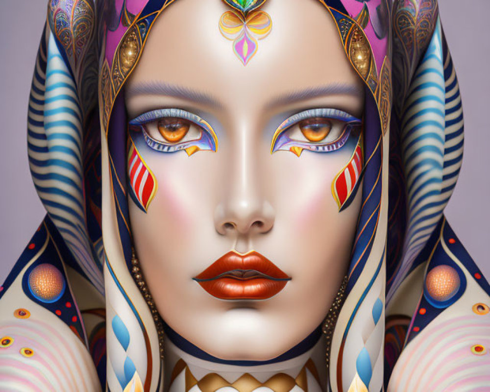 Colorful surreal portrait of person with intricate skin decorations and regal headpiece