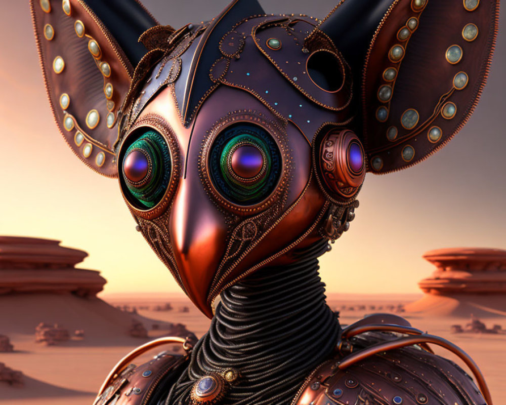 Steampunk robotic owl with metallic detailing and colorful eyes in desert sunset.