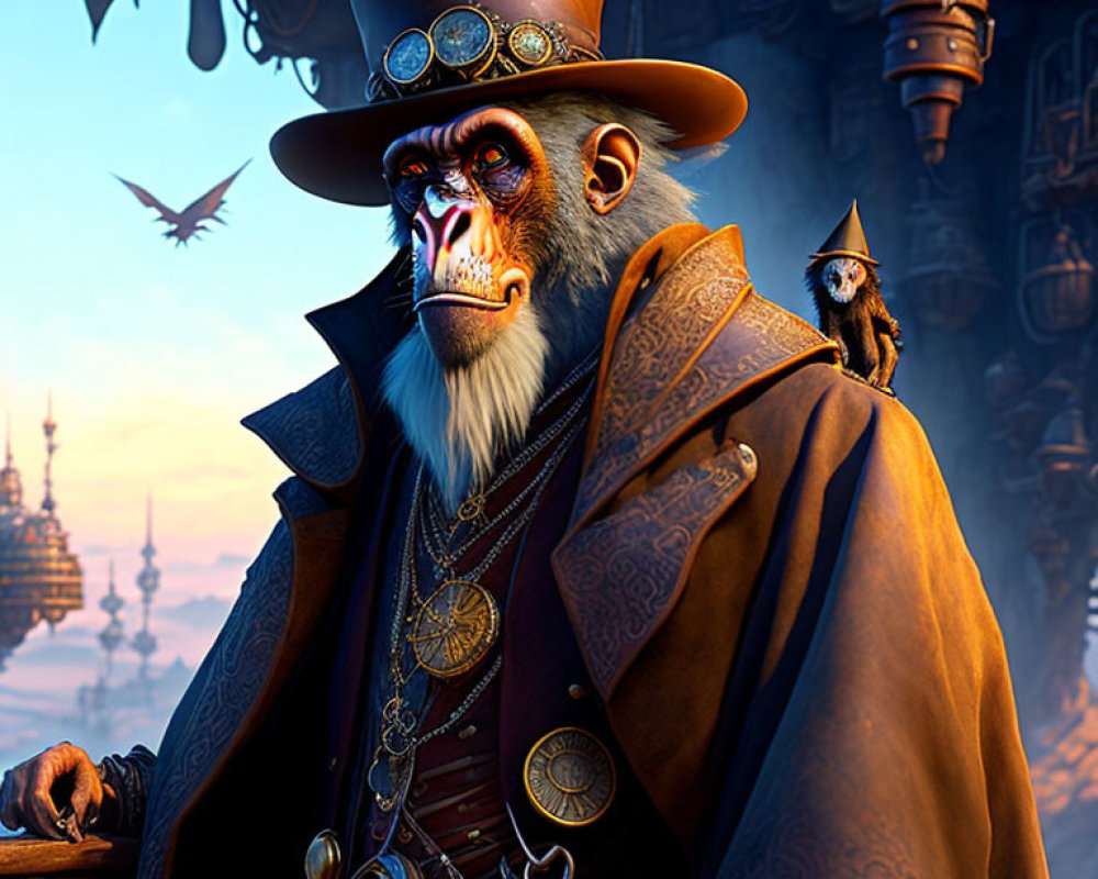 Steampunk-inspired anthropomorphic monkey with bird in industrial setting