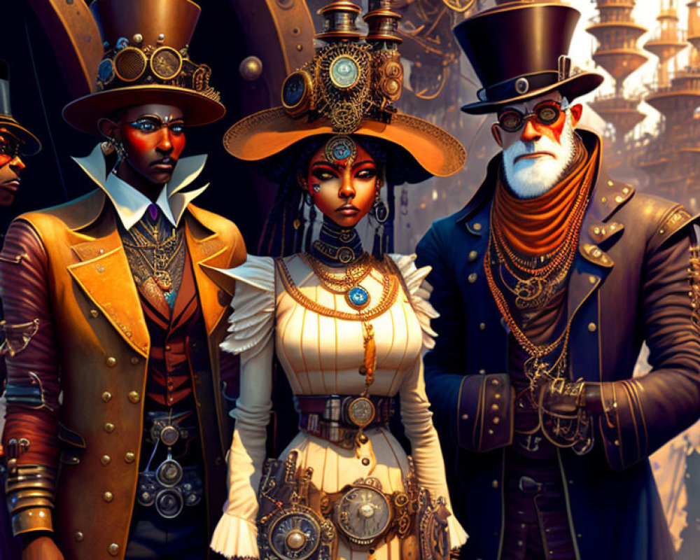 Three individuals in steampunk attire with top hats, goggles, and mechanical accessories against a backdrop of