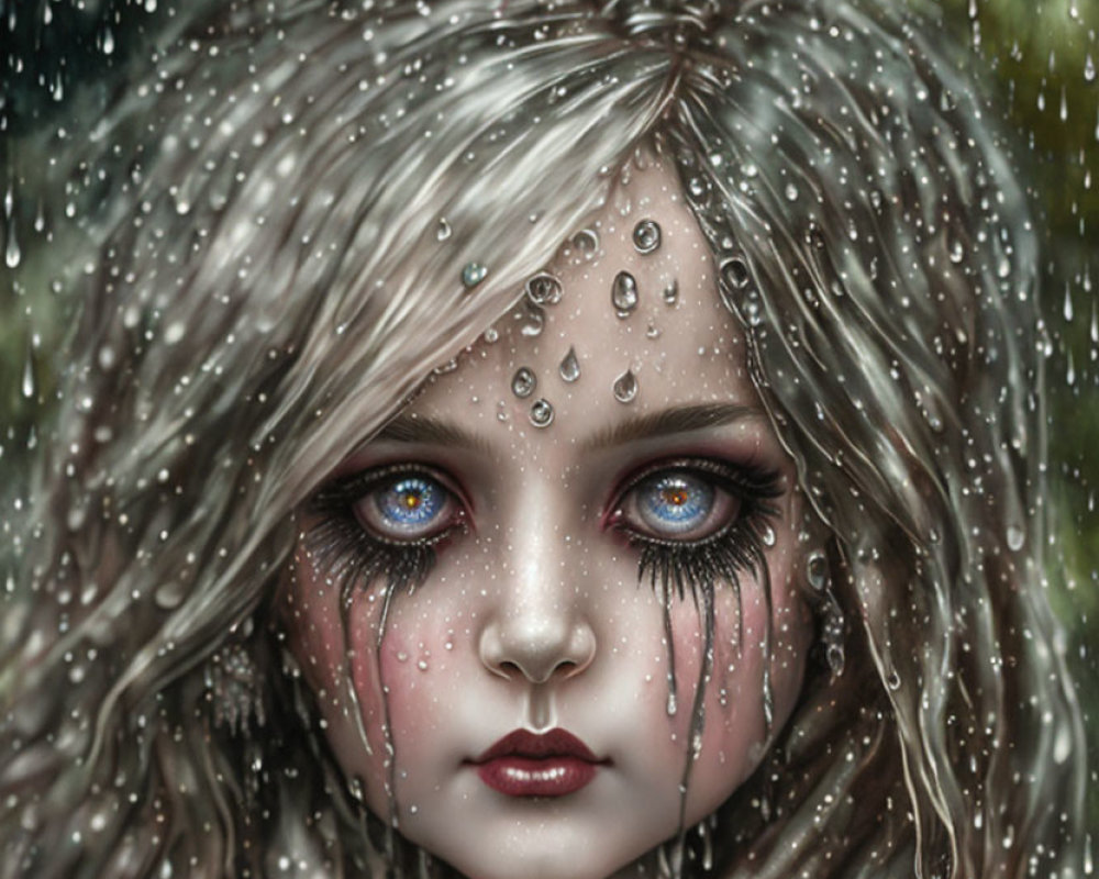 Detailed close-up of girl with purple eyes and silver hair in misty setting