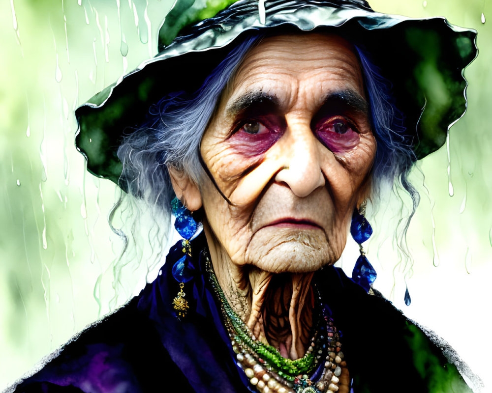 Elderly Woman in Green Hat and Purple Shawl with Rain Streaks