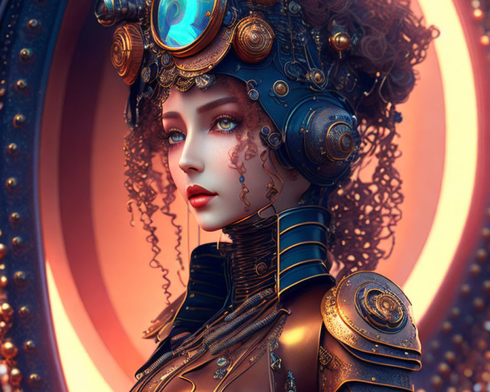Steampunk-themed digital artwork of a woman with glowing blue monocle and intricate headgear