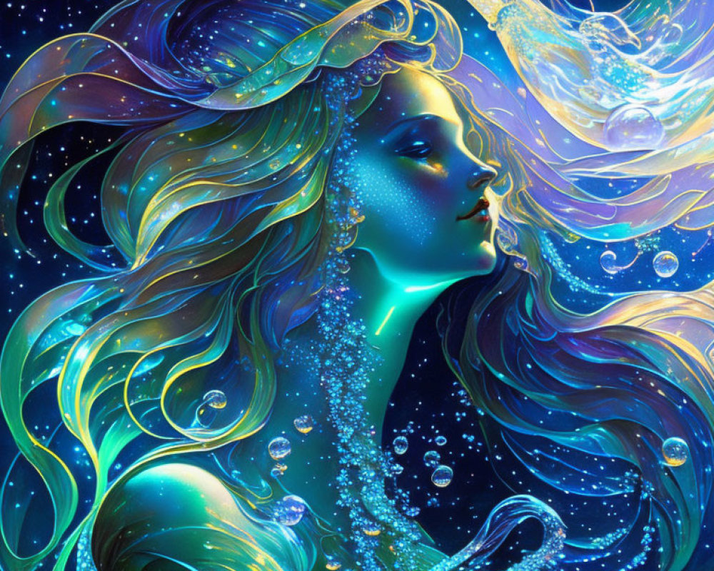 Mystical blue-toned woman with jellyfish in cosmic setting