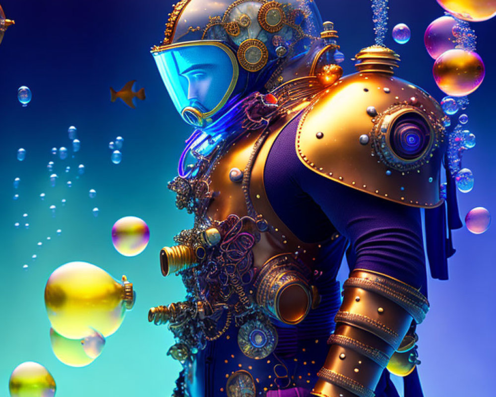 Steampunk diver with detailed helmet and suit in underwater scene