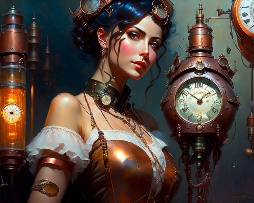 Steampunk-inspired woman with corset and goggles in mechanical setting