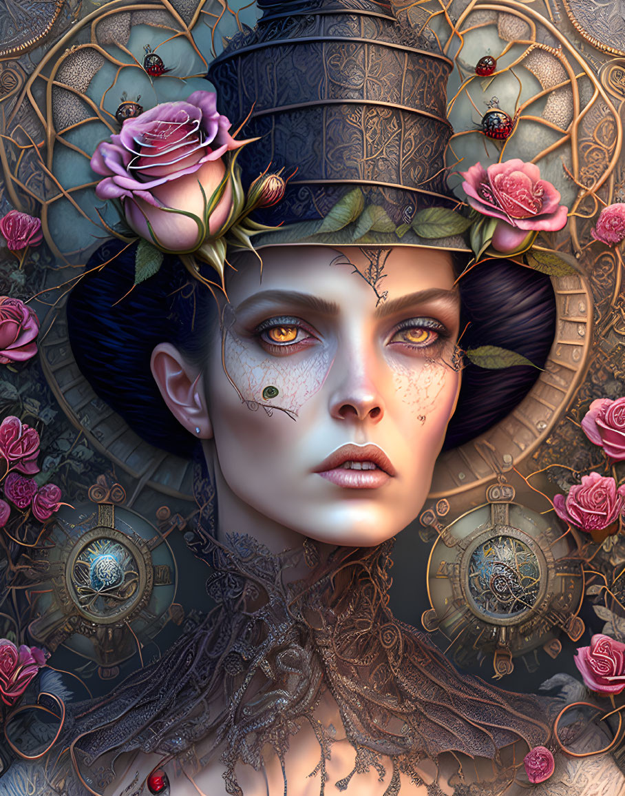 Digital artwork of a woman with gothic makeup and steampunk elements