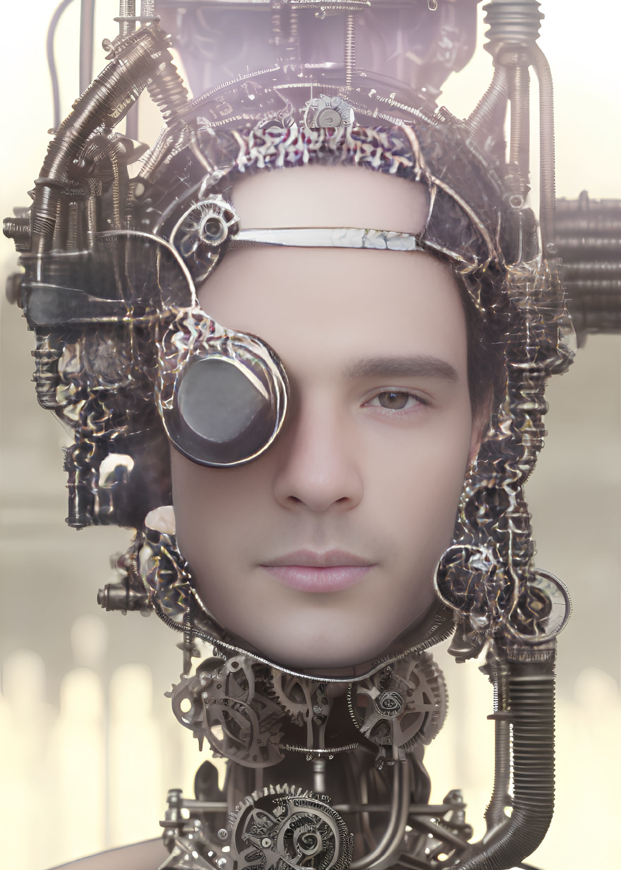 Steampunk-style portrait with mechanical enhancements.