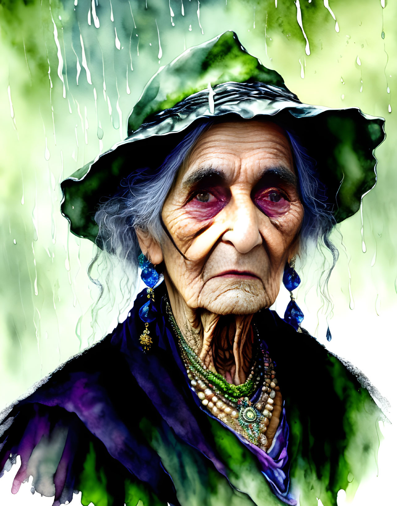 Elderly Woman in Green Hat and Purple Shawl with Rain Streaks