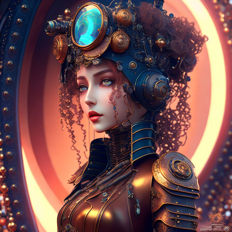 Steampunk-themed digital artwork of a woman with glowing blue monocle and intricate headgear