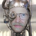Steampunk-style portrait with mechanical enhancements.