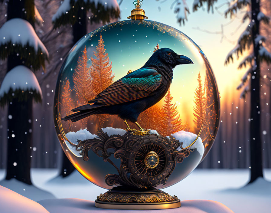 Crow on gold-trimmed snow globe with wintry forest scene
