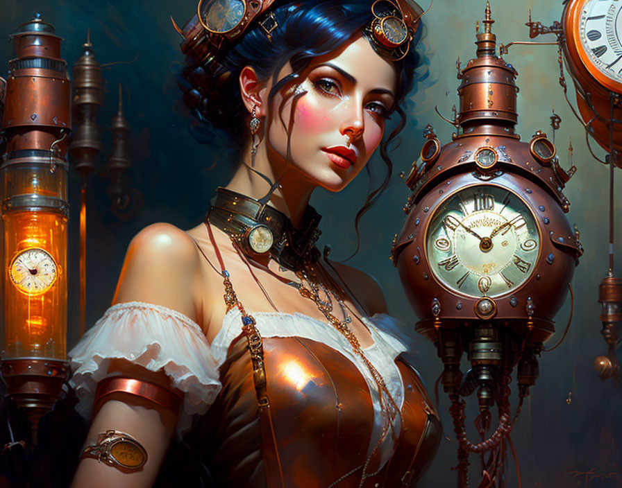 Steampunk-inspired woman with corset and goggles in mechanical setting