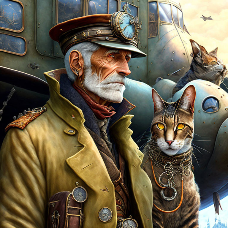 Elderly Steampunk Pilot with White Beard and Cat in Medals by Airships