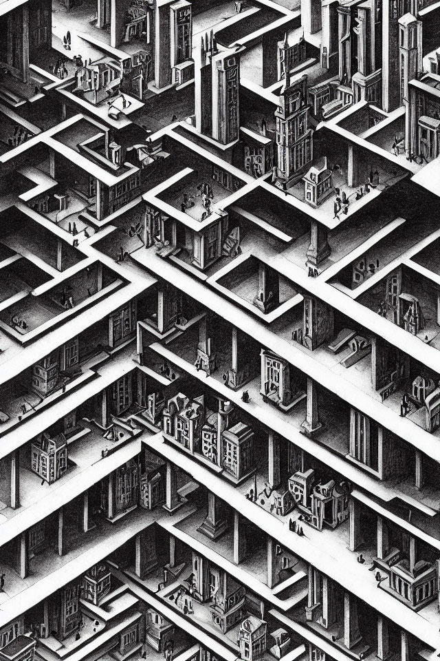Detailed black and white surrealistic illustration of labyrinthine staircases and structures.