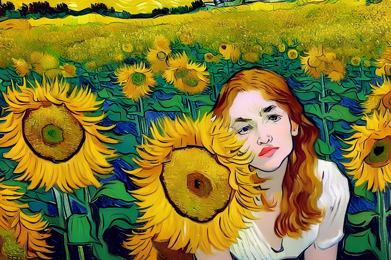 Red-haired woman surrounded by sunflowers in Van Gogh style art