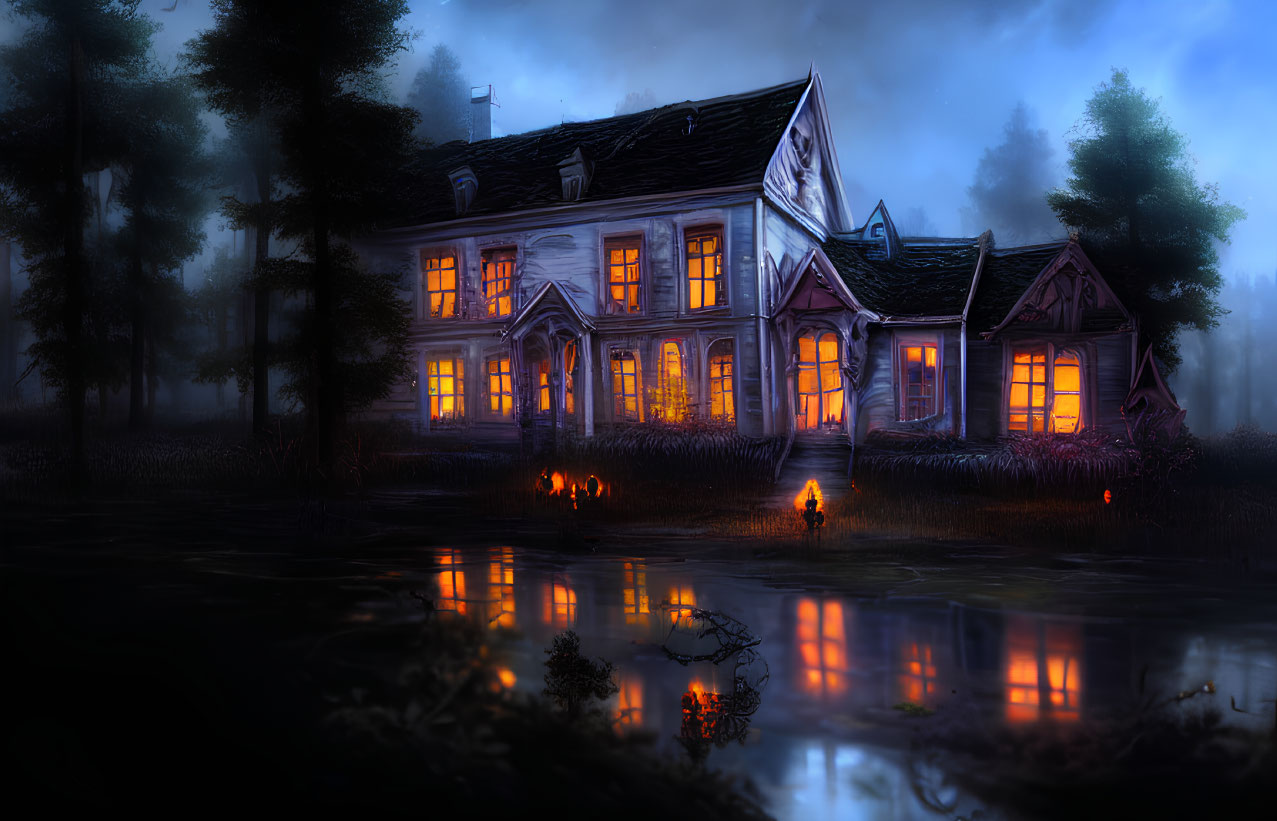 Spooky house in misty forest with lit windows at night