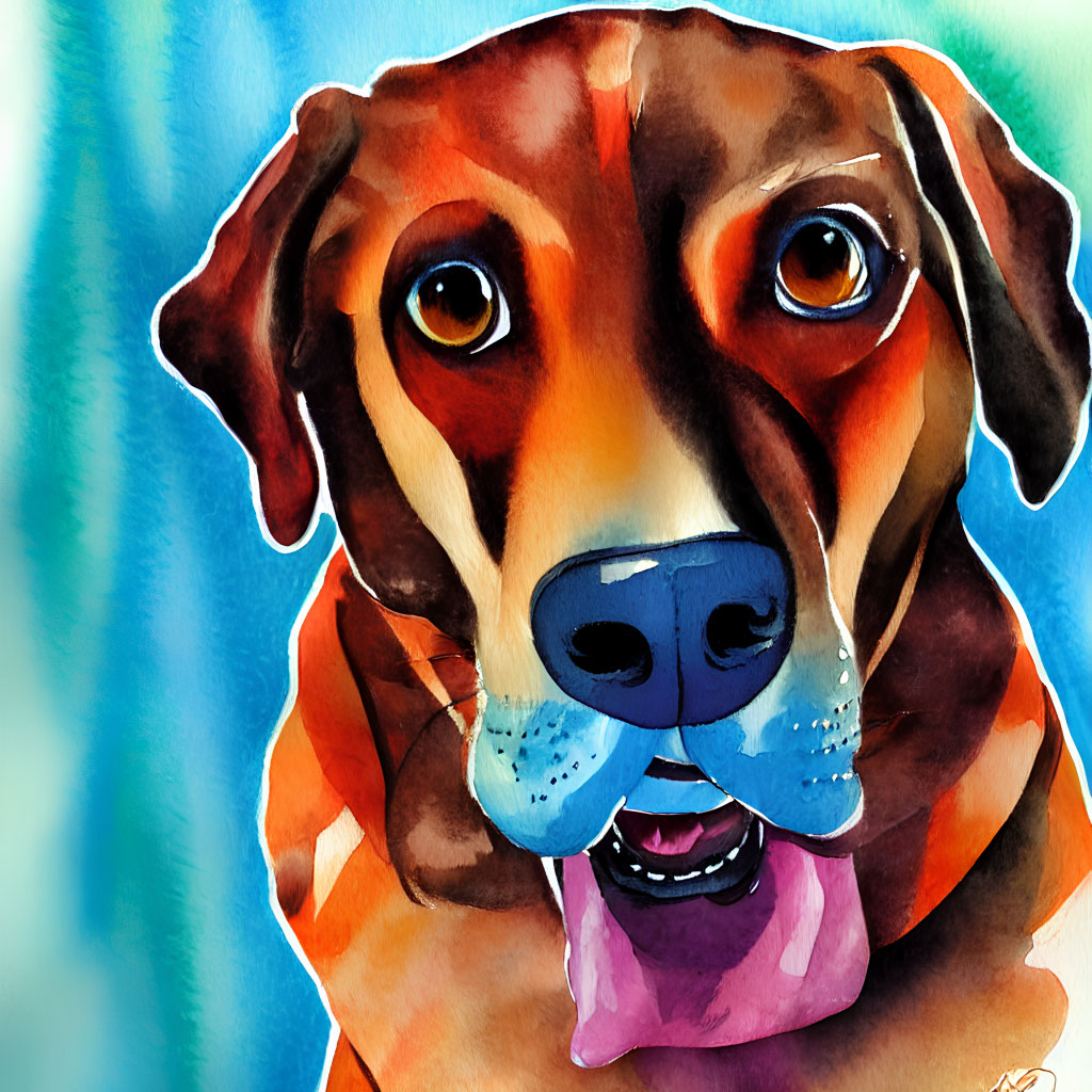 Colorful Watercolor Painting of Brown Dog with Soulful Eyes