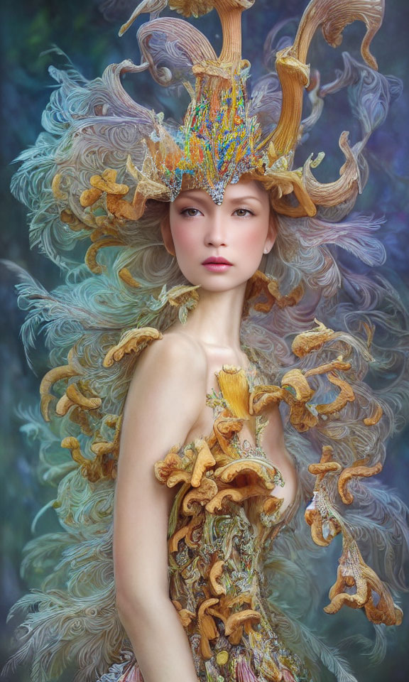 Fantastical female figure with elaborate antler-like headdress in vibrant colors.