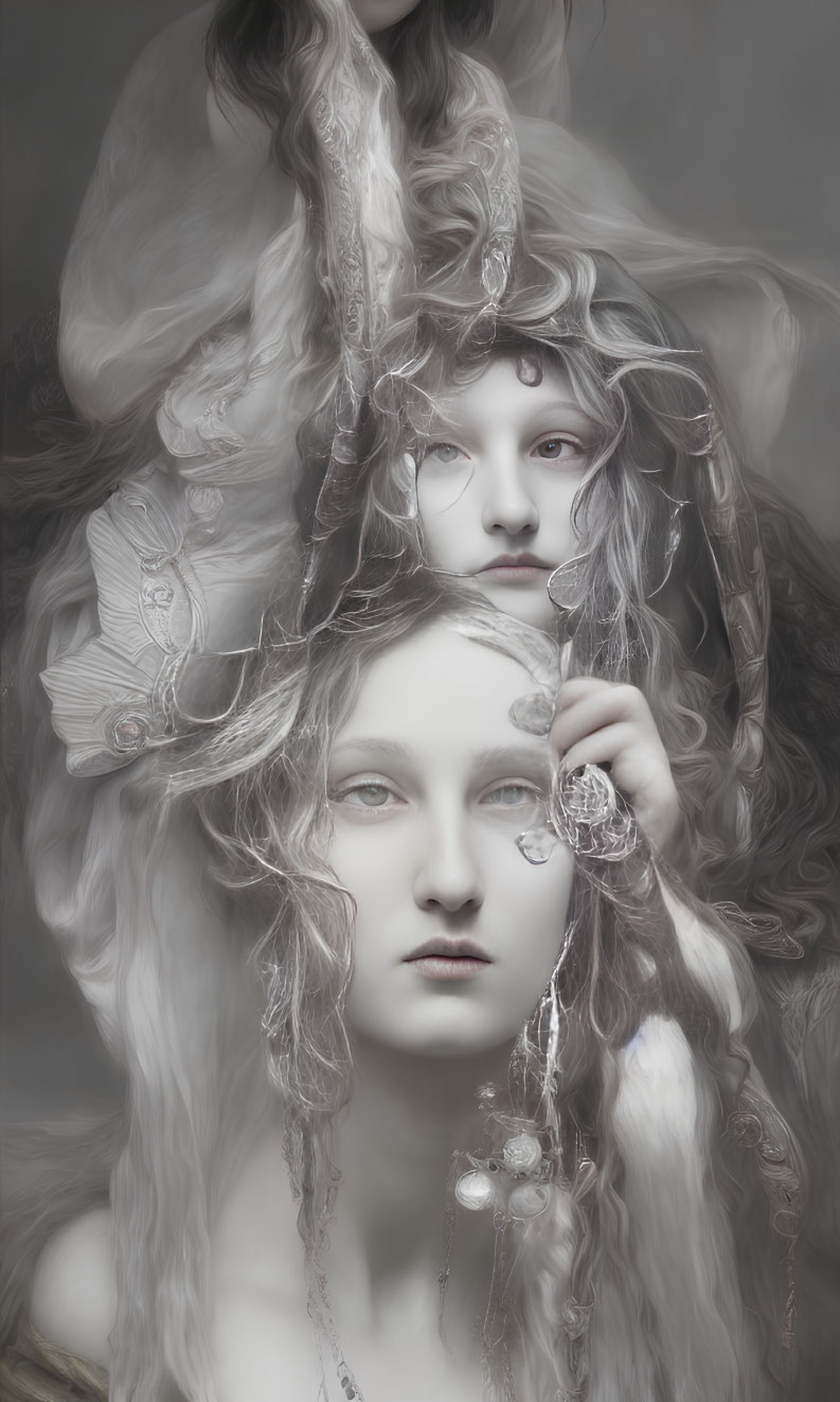 Ethereal portrait of two figures with flowing white and grey hair