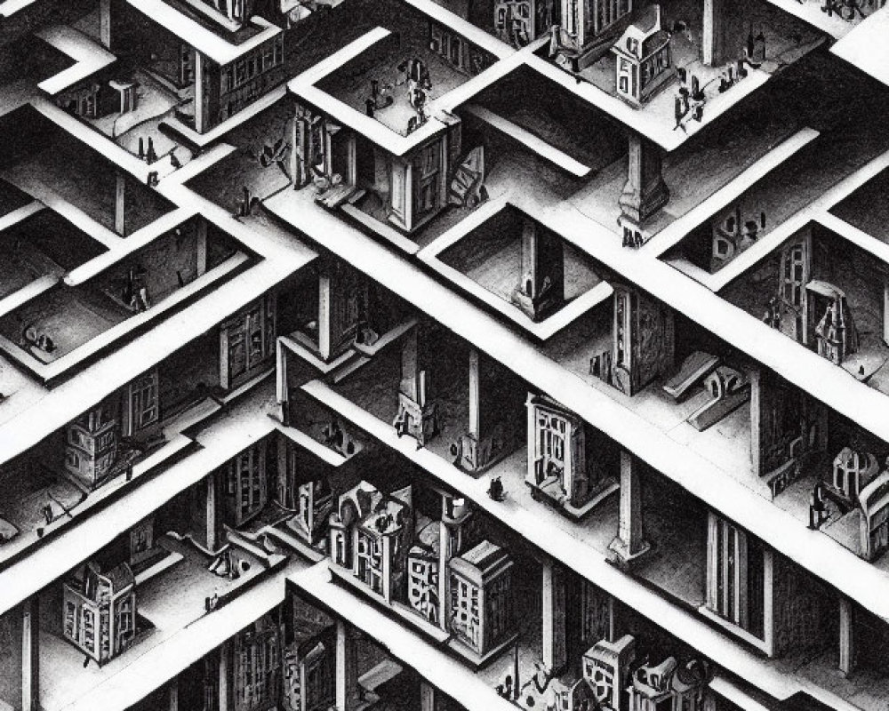 Detailed black and white surrealistic illustration of labyrinthine staircases and structures.