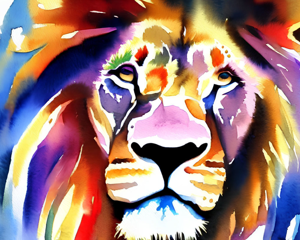 Colorful Watercolor Painting of Lion's Face