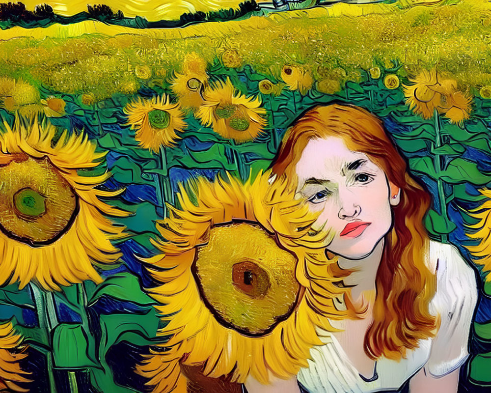 Red-haired woman surrounded by sunflowers in Van Gogh style art