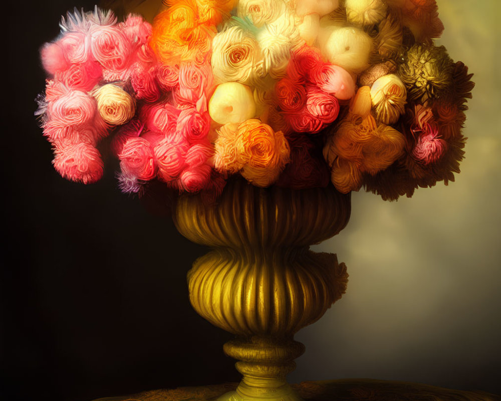 Colorful Fluffy Flowers in Golden Vase on Draped Table