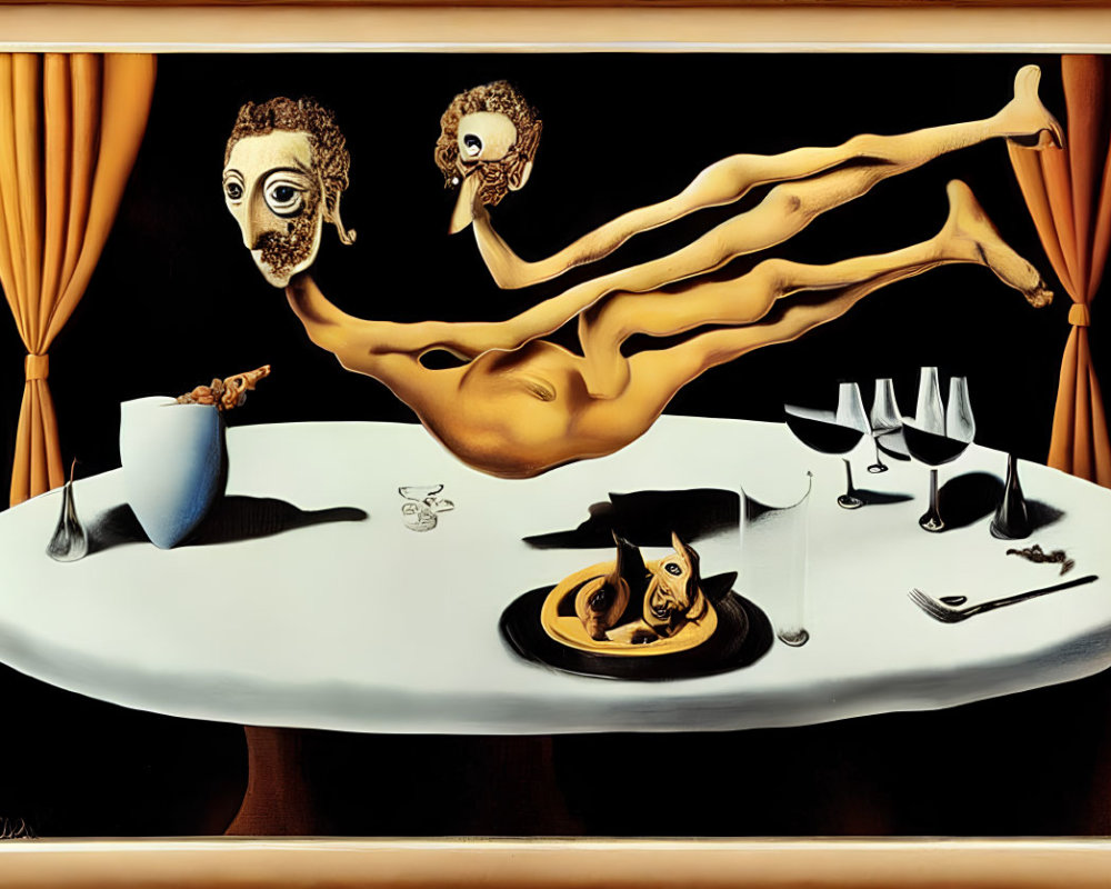 Surrealistic painting of elongated figure with mask, table setting, and draped curtain.