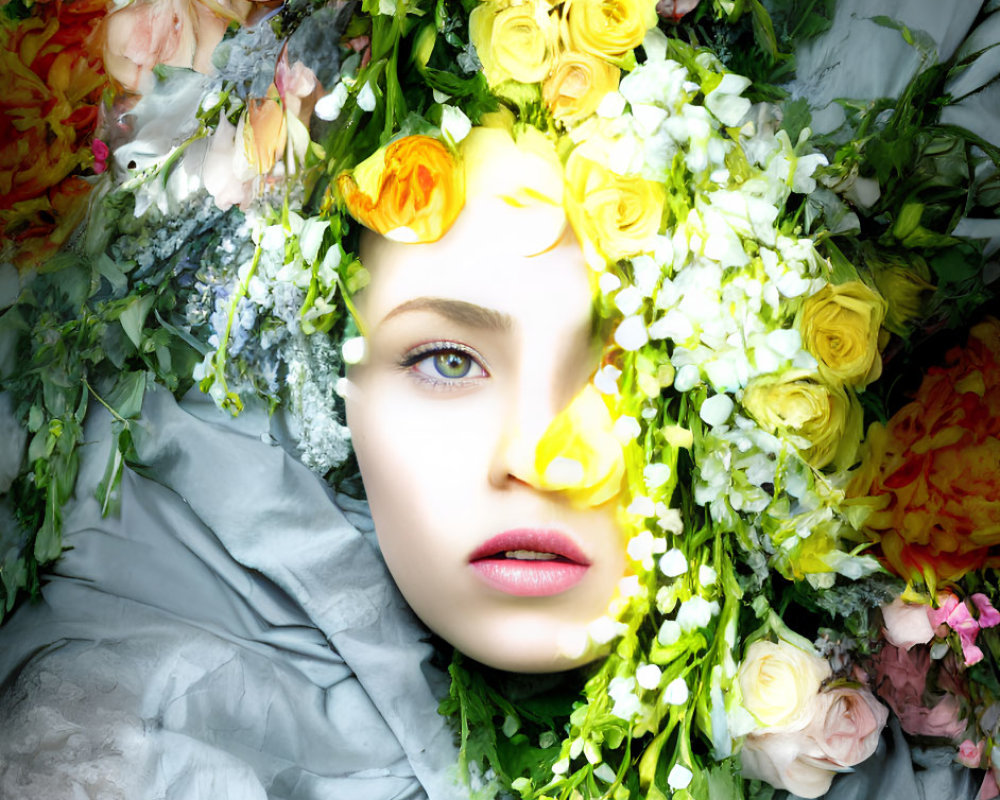 Colorful Floral Portrait Featuring Yellow and Pink Roses