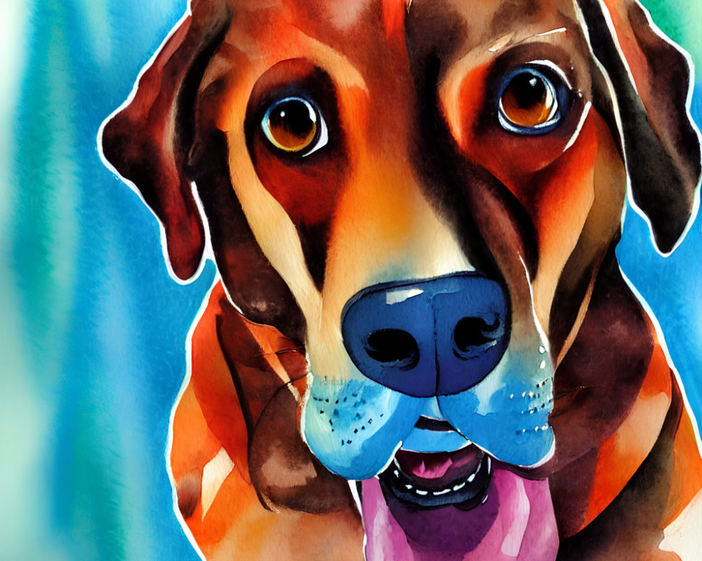 Colorful Watercolor Painting of Brown Dog with Soulful Eyes