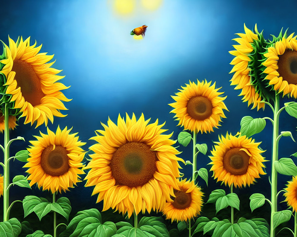 Sunflower Field with Bee under Blue Sky