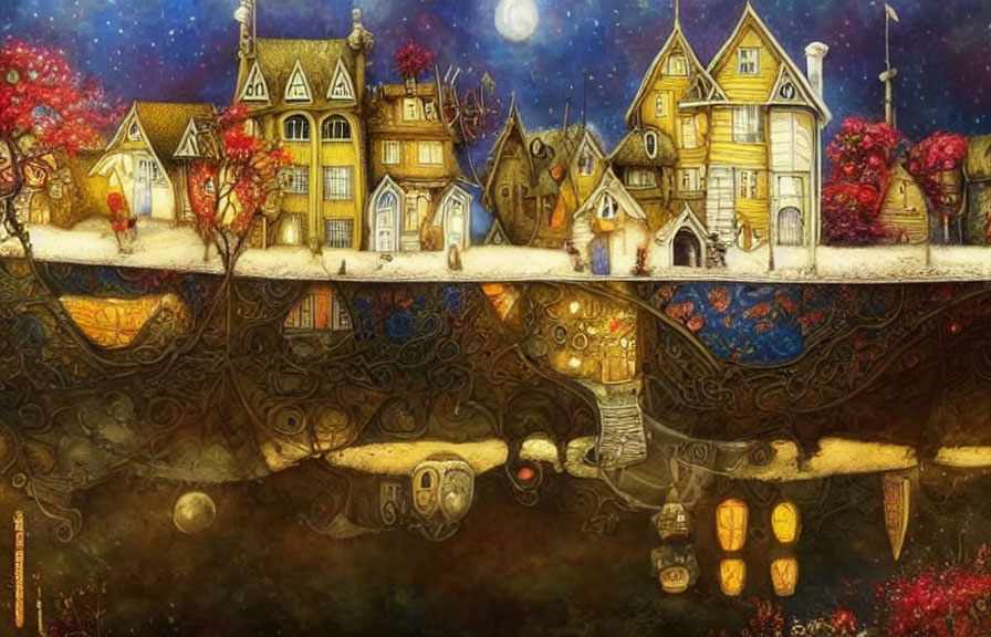 Colorful Whimsical Painting of Crooked Houses and Mirrored Underground World