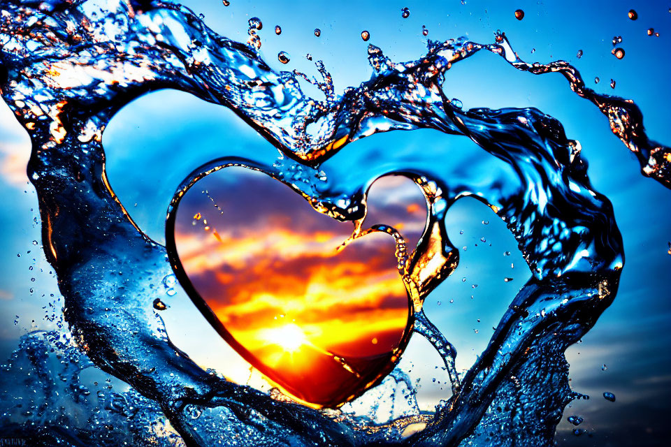 Heart-shaped silhouette framed by splashing water at vibrant sunset.