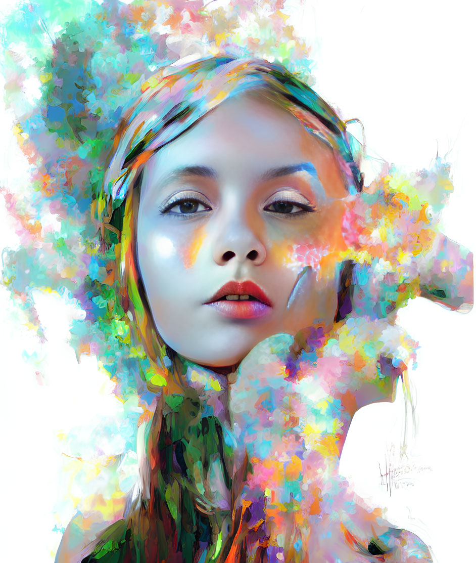 Vibrant digital portrait of serene young woman with colorful paint-like splashes