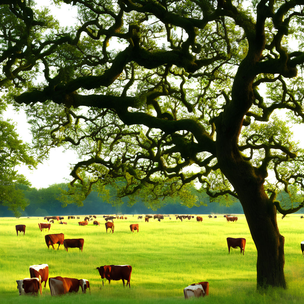 Verdant pasture with grazing cattle under oak tree