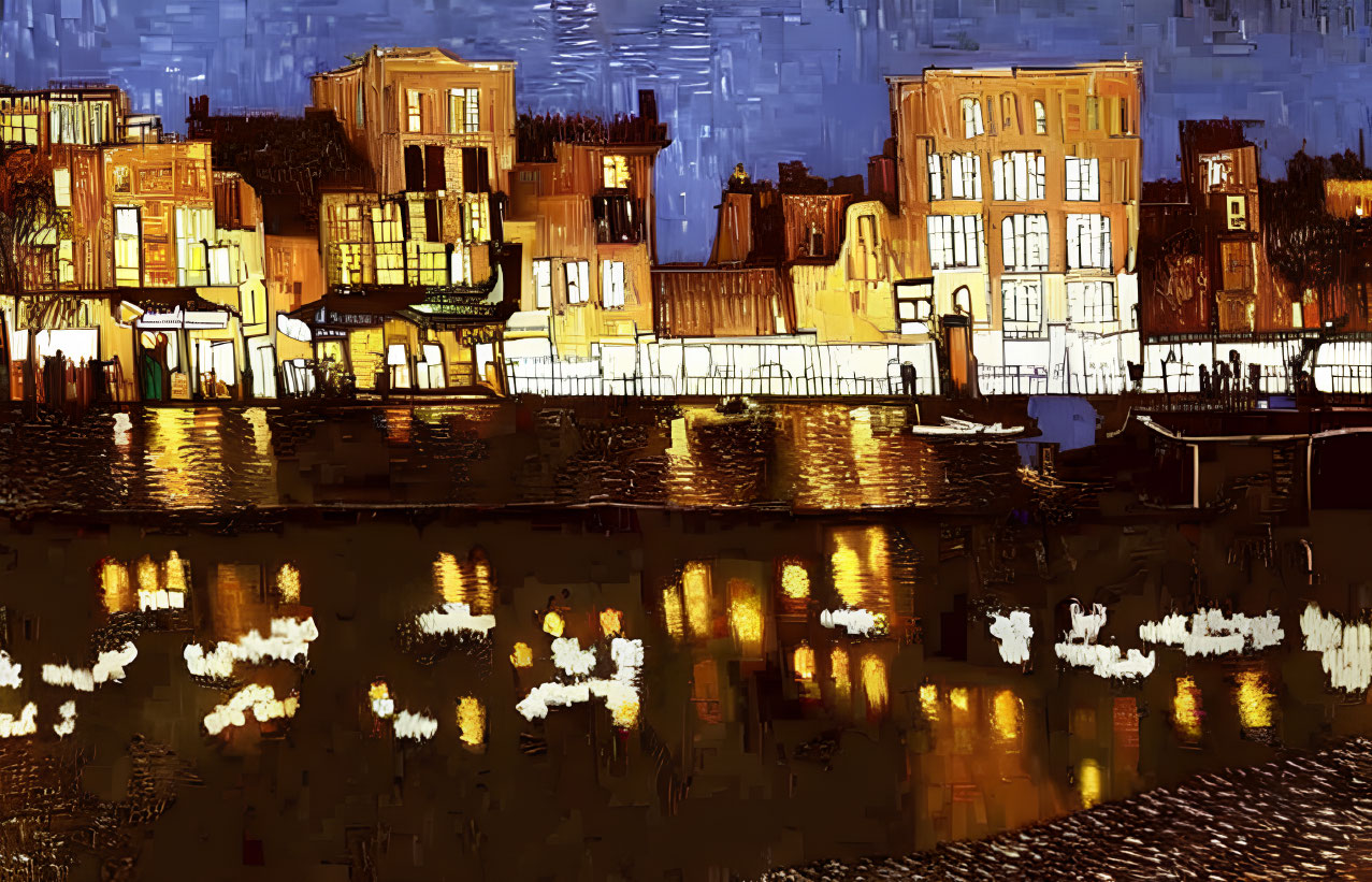 Impressionist-style Night Scene Painting with Buildings and Water Reflections