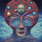 Surreal artwork: Face with tree-shaped head and circular portals on night sky with clouds