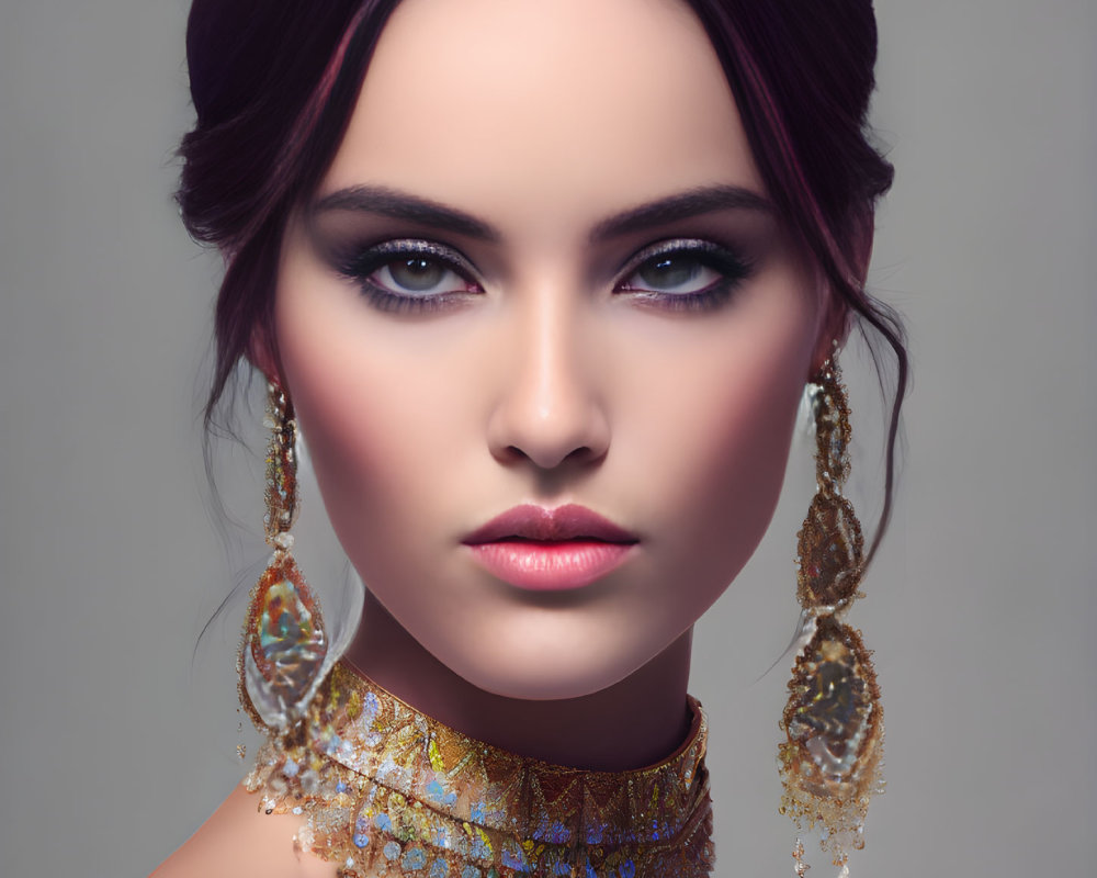 Woman with Bold Makeup and Golden Accessories on Neutral Background