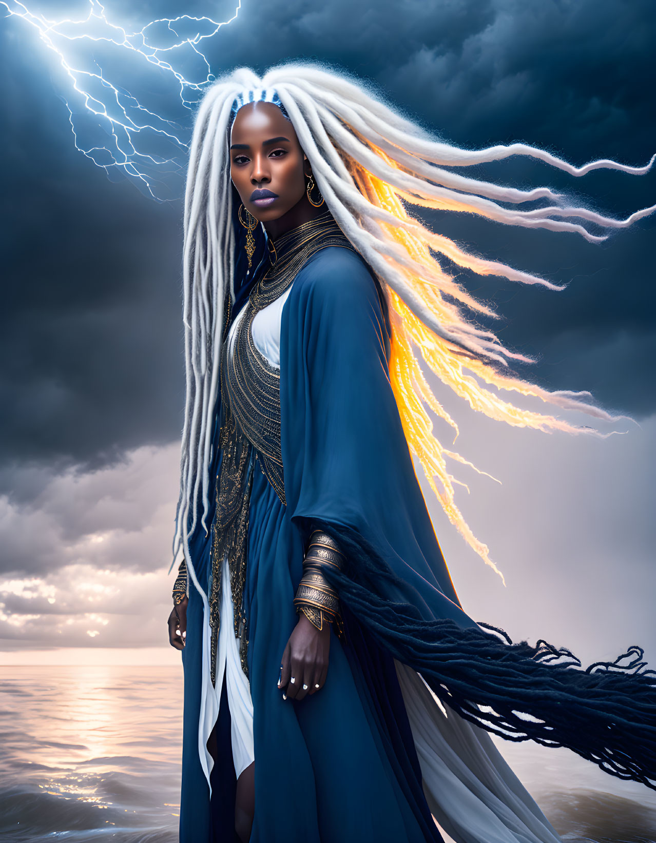 White-haired figure in blue robe amid stormy backdrop with lightning strikes