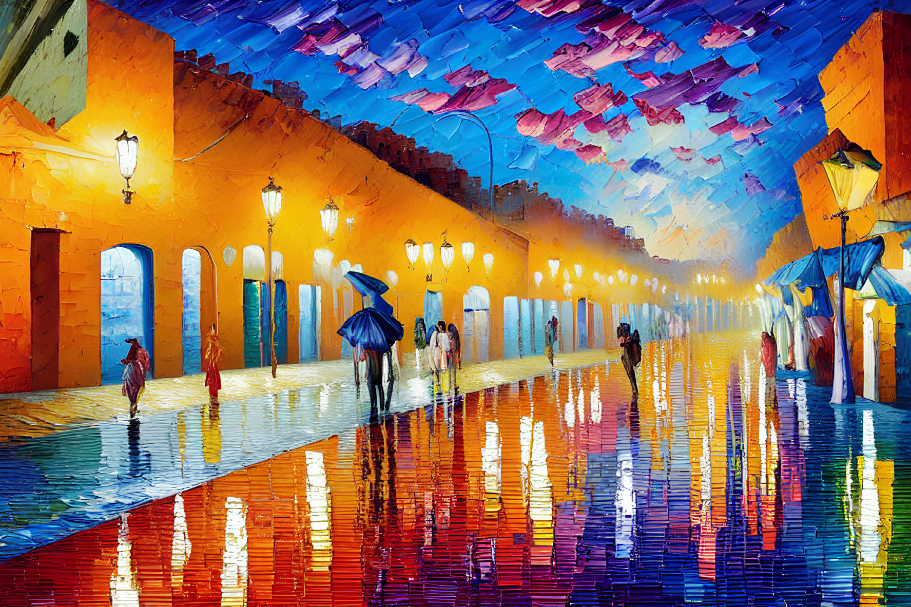 Colorful Impressionistic Painting of People Walking in Rainy Street
