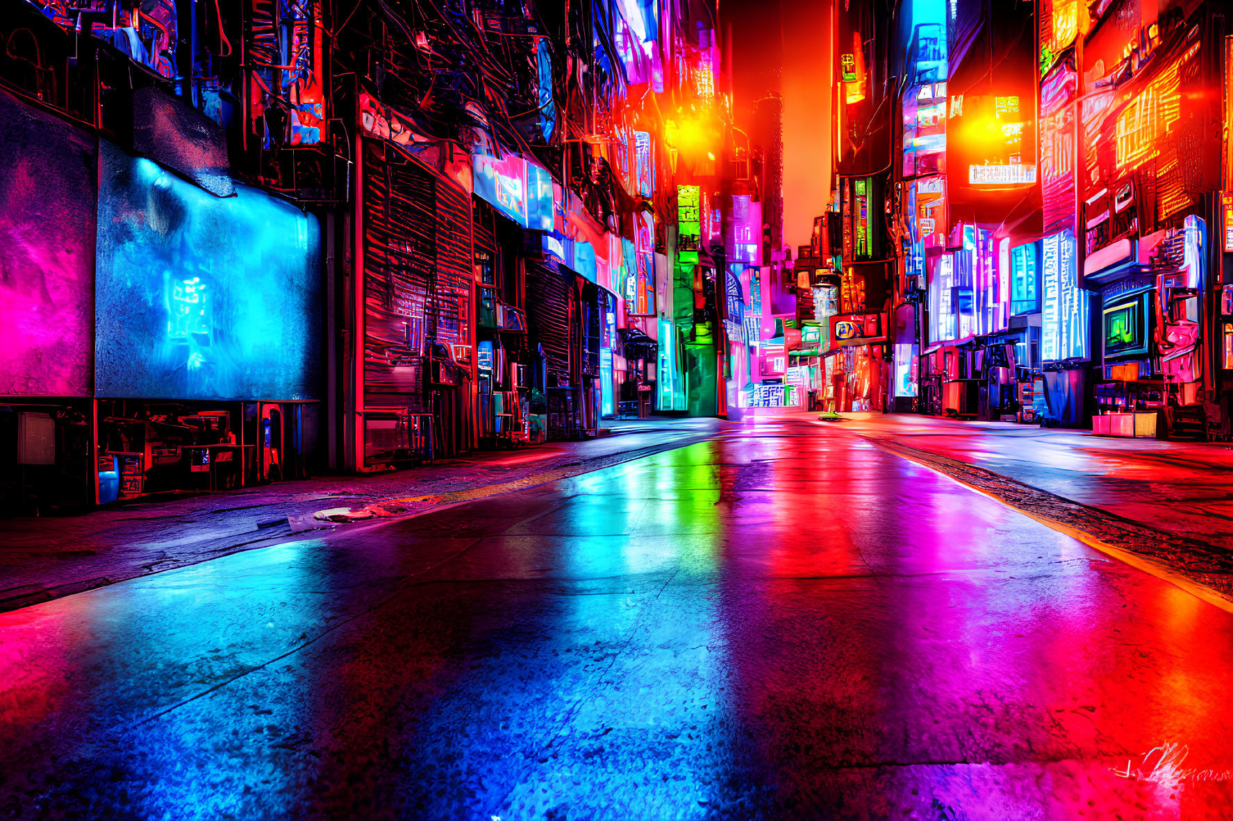 Neon-lit city street at night with cyberpunk aesthetic