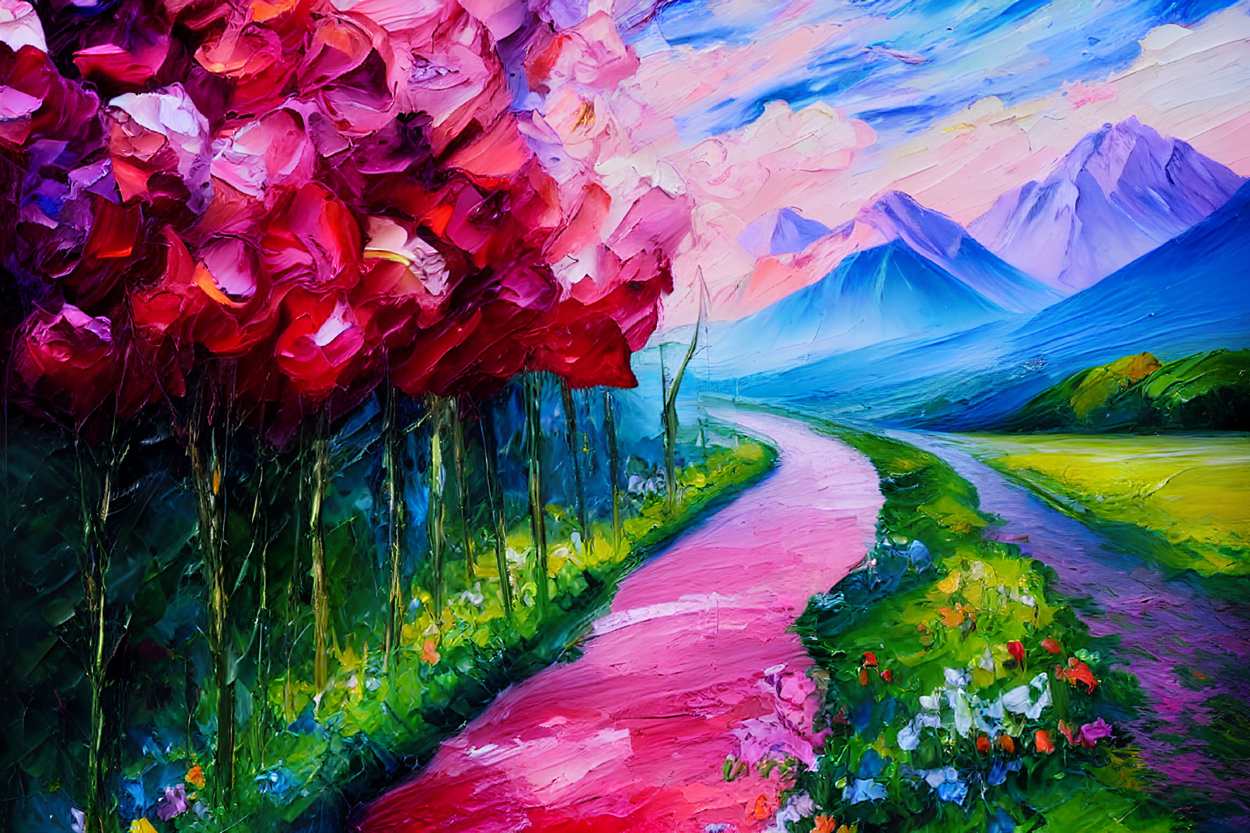 Colorful Impressionistic Painting of Flower-Lined Path to Mountains