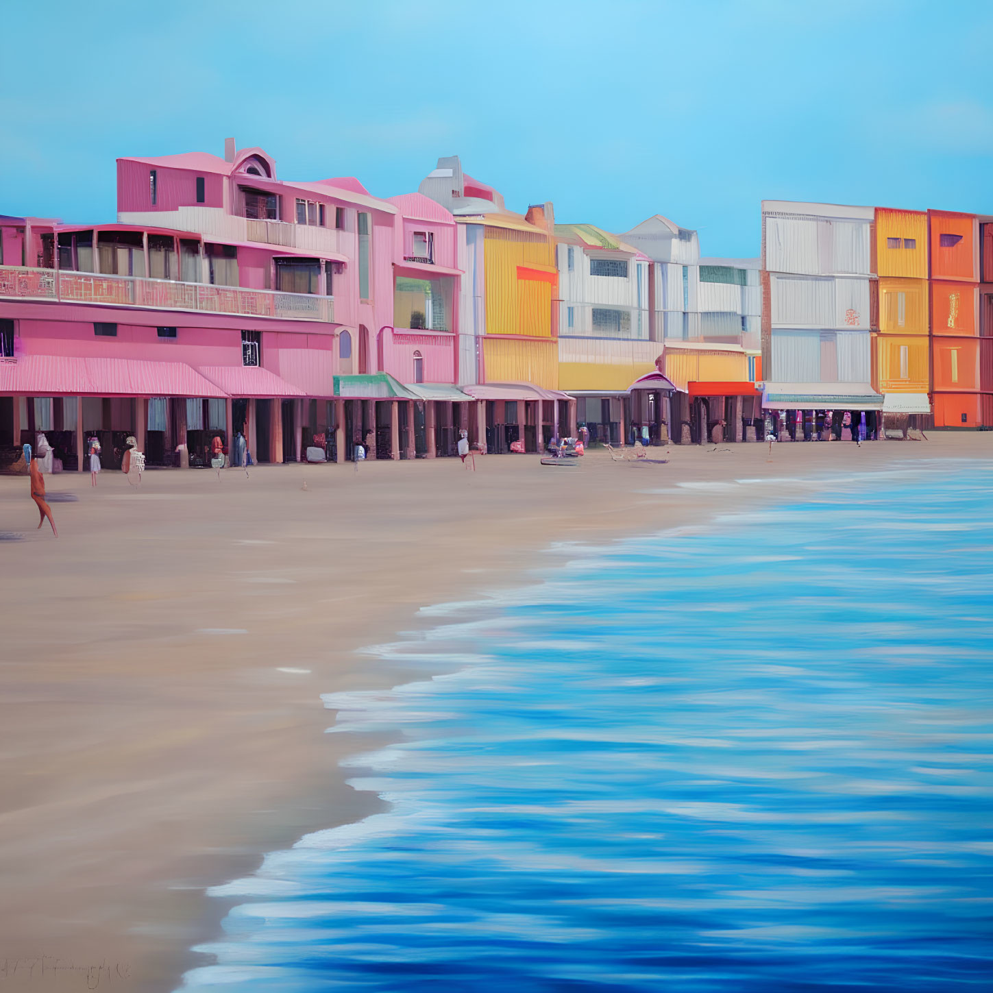 Pastel Beachfront Buildings and Sandy Beach Scene
