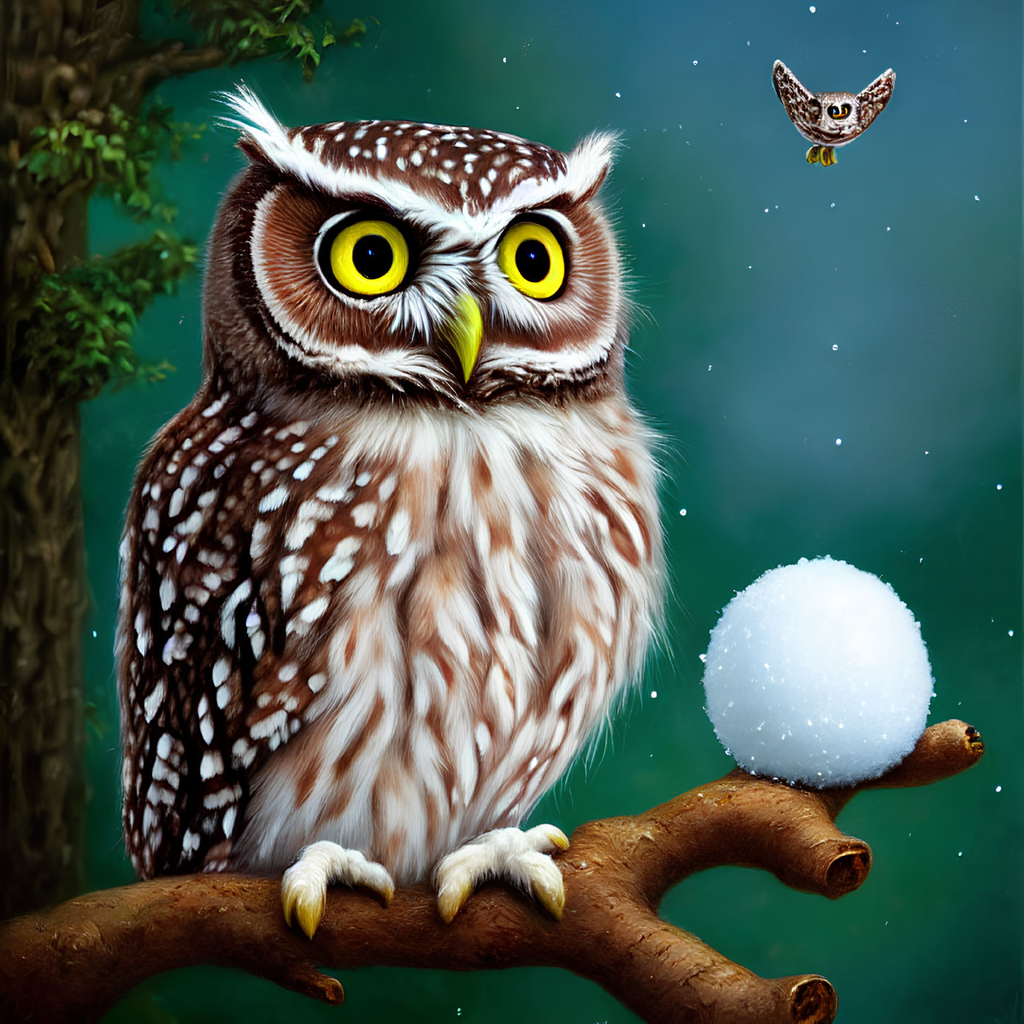 Detailed Illustration of Brown and White Owl on Branch with Small White Sphere