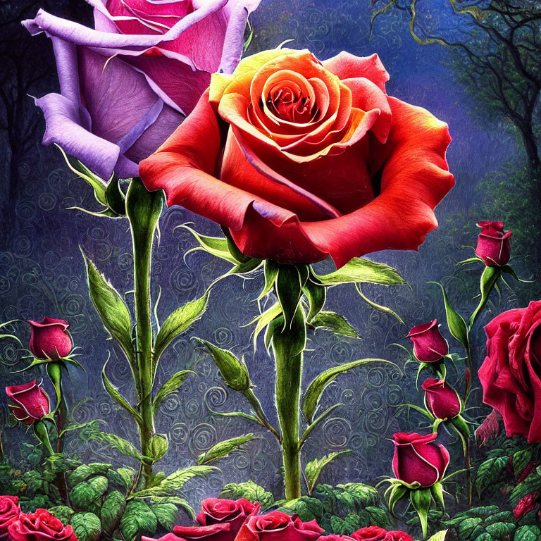 Large Red and Yellow Gradient Rose with Purple Roses and Green Foliage in Dark Forest